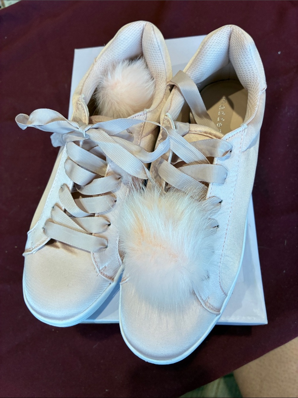 Madden Girl Blush Satin Sneakers with Fur Pom Poms